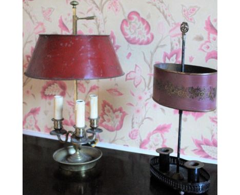 Regency style three branch gilt metal bouillotte lamp with cranberry toleware adjustable shade H50cm, similar two branch cand