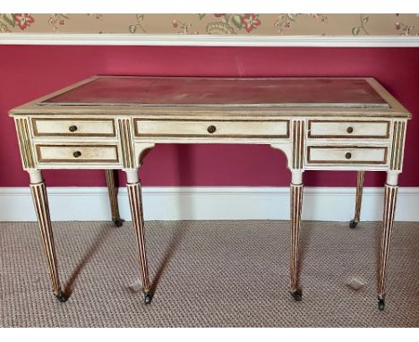 C20th Adam Revival cream painted knee hole dressing table, with inset mirror panel top and five drawers on slender turned tap