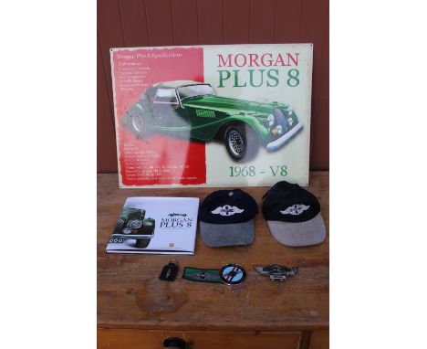 Morgan Plus 8 1968-V8 tin sign, "Morgan Plus 8 A Celebration Of A Classically British Sports Car" by Michael Scarlett, two Mo