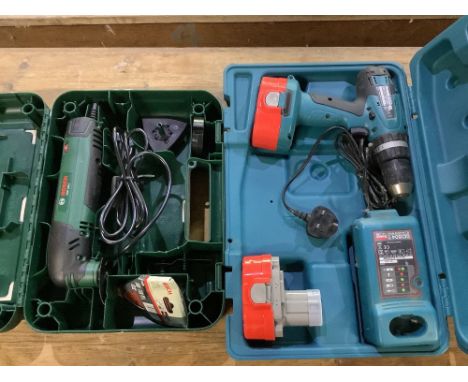 Makita rechargeable drill with spare battery and charger, and a Bosch boxed electric sander, cutter and saw 