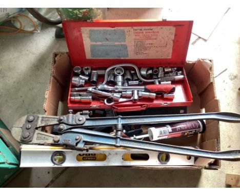 Selection of tools including part and mixed socket set, record bolt cutters, spirit levels, saws, etc 
