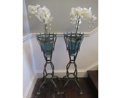 Pair of C20th  French wrought metal openwork jardinière, on four outsplayed supports with paw feet marked Grassin Arras, H100