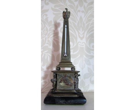 Victorian brass desk thermometer, on tapering rectangular column with eagle finial on square polished slate base, H27cm 