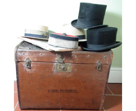 Vintage leather trimmed canvas travel trunk decorated with cruise labels, the front labelled "Lady Furness" and with labels f