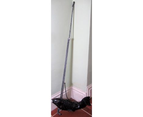 Vintage carved wooden model of a carp, on wrought iron adjustable hook, H123cm W46cm 