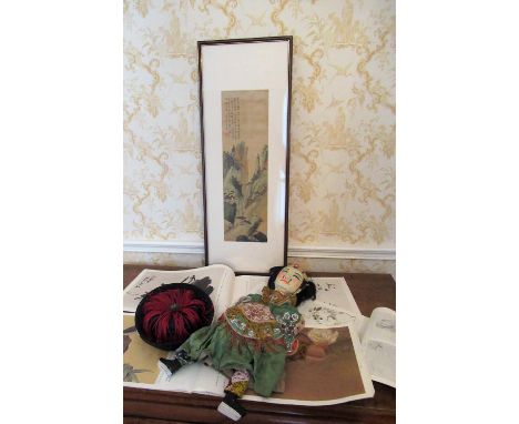 Chinese School, Mountainous landscape on silk, 50cm x 15cm, a Chinese puppet with painted wooden head, H50cm, a hat with tass