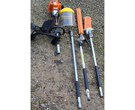 Stihl KM85L combination long handled pruner/hedge trimmer with chainsaw attachment and extension with harness and face visor 