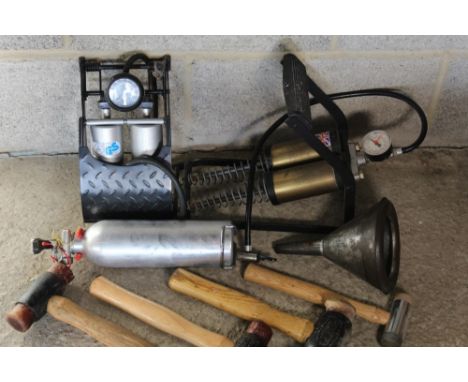 Two foot pumps, Reverie fire extinguisher with wall bracket, vintage funnel, two Thor rawhide hammers, Thor copper and rawhid