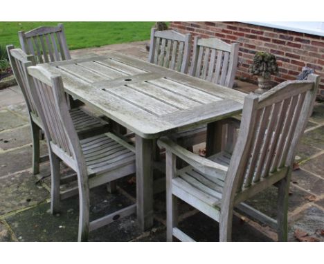Lister teak rectangular garden table on square supports with H stretcher, W84cm L170cm H74cm, set of six similar garden chair