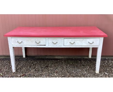 C20th pine rectangular kitchen table, later Formica top above two long and one short frieze drawers on square tapered support