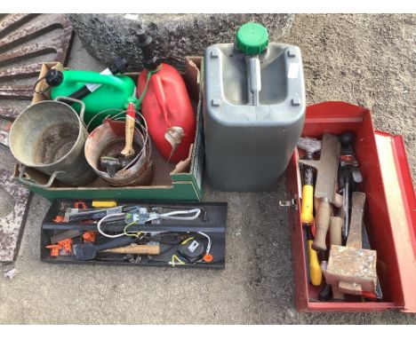 Varied collection of tools including part container of Castrol Classic XL20W-50 metal paint pots, green and red petrol cans, 
