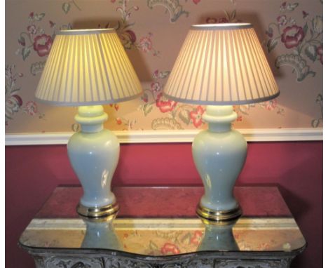 Pair of Chinese style baluster table lamps, celadon style bodies on gilt metal bases with pleated silk shade H50cm (2) 