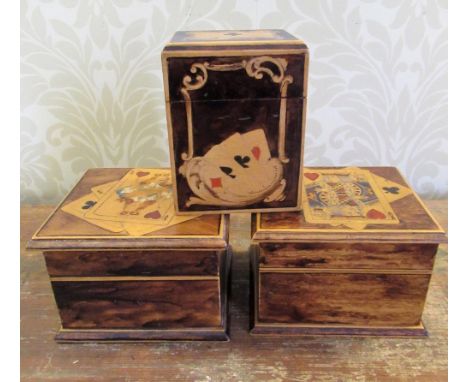 Pair of C20th four division playing card boxes, hinged tops decorated with playing cards, another two division boxes decorate