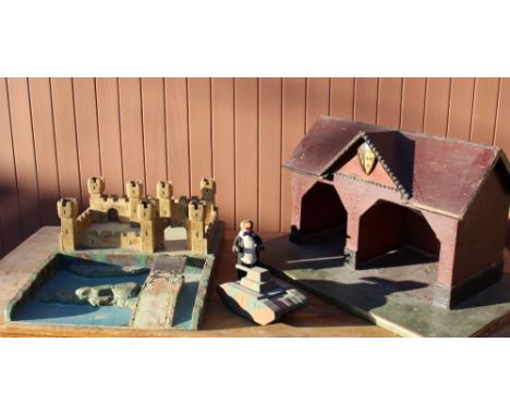 Clockwork model of a Penguin in dinner jacket H17cm, child's painted wooden model of fort 60cm x 45cm, similar open fronted b