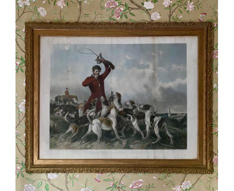 After Richard Ansdell "Huntsman and Hounds," engraved by T. Oldham, colour print, H7cm W103cm, in giltwood and gesso frame 