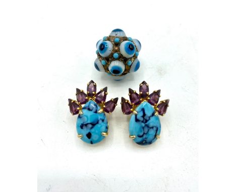 Mid century Christian Dior earrings, set with turquoise inverted tear drops and five amethyst coloured stones, with clip back