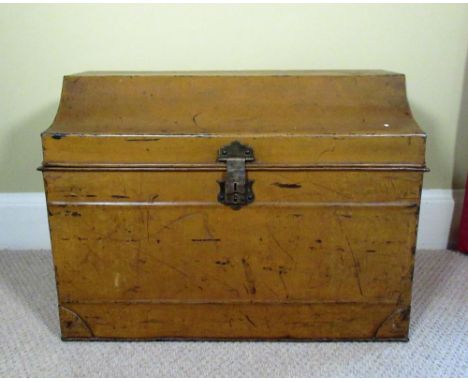 Victorian scumbled tin trunk, with stepped hinged lid, brass clasp and wrought metal carry handles, W75cm D50cm H52cm 