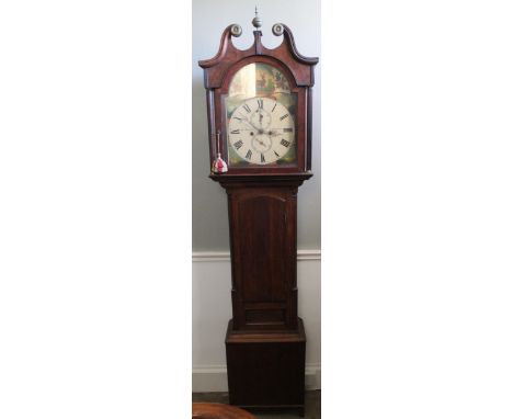 C19th Scottish oak long cased clock, arched 15in painted Roman dial with subsidiary seconds and date signed W. Maule Coldstre