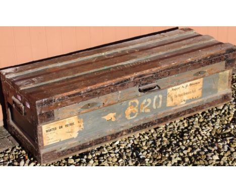 C20th metal bound tin lined wooden military travel trunk, painted Capt.  A. D. Brown R. Berkshire Regiment 032B20, with later