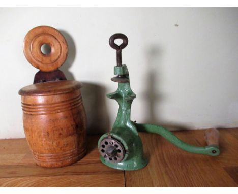 Late C19th Dutch salt box, ribbed barrel shaped body with hinged lid and draft turned hook H26cm, green enamel vegetable slic