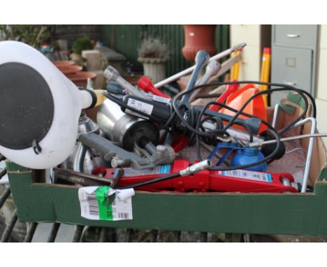 Box containing a collection of tools, funnels, grease gun, workshop lamp, oil cans, spray cans etc 