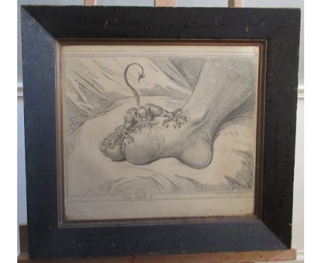 C18th monochrome print entitled "The Gout", published 14th May 1799 by Humphrey of 27 Saint James' Street, in stained wooden 