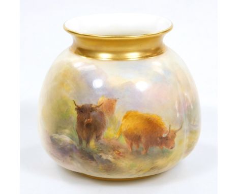 A Royal Worcester Stinton squat vase, painted with Highland cattle, signed Stinton, shape code H158, purple mark for 1939, 8c