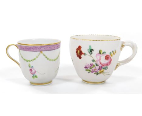 A rare ogee moulded Derby coffee cup, having curved over Meissen type handle painted with good flowers, sprays in the style o