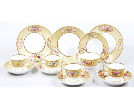 An unusual Spode mushroom ground part tea set, including three saucer dishes decorated with fine English flower groups with g