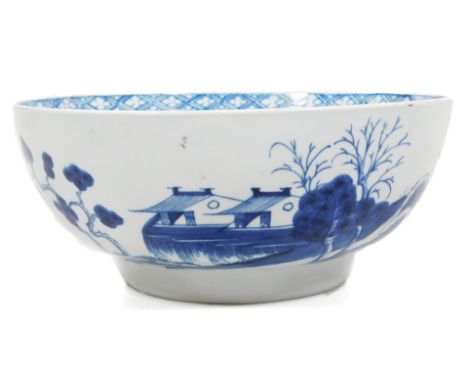 A Worcester work man's marked punch bowl, c.1756-58, painted with the Precipice pattern, workman's mark to foot rim, 22cm dia