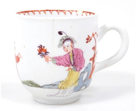 A Bow coffee cup, c.1760, decorated with oriental figures and children, with a inner red shark tooth border, unmarked.