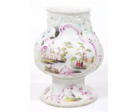 A Derby pierced perfume vase, c.1760, decorated with stylized birds in landscape within puce cartouches, a good landscape wit