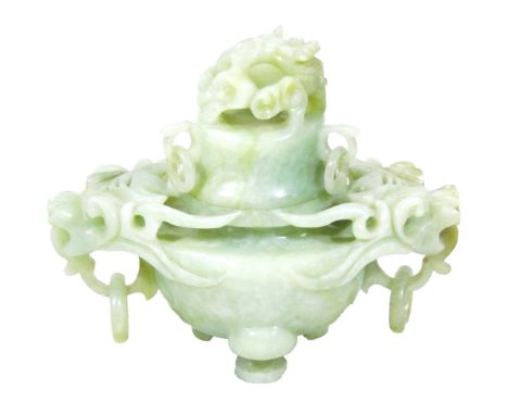 A fine Chinese carved jade vase and cover, with stylised dragon mask ring handles, 19.5cm x 15.5cm. (AF)