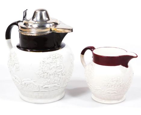 A Davenport jug, mounted with white metal cover and rim, the body decorated with typical fox hunting scenes of 'The Kill' bel