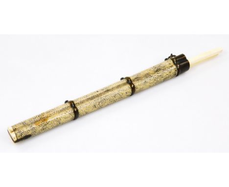 A Chinese late Qing period chopstick case, of shaped cylindrical outline, with metal banding, 24cm wide and two chopsticks.