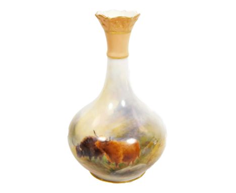 A Royal Worcester bottle vase by Harry Stinton, painted with Highland cattle by a mill, signed H S Stinton, shape code G702, 