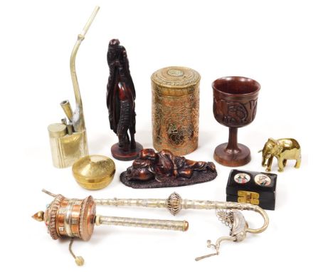 Various Eastern items, metalware, etc., an elaborate copper and base metal prayer box, with inverted cylindrical top and shap