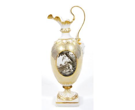 A Derby patch marked ewer, c.1780-84, decorated with monochrome panel of a river landscape with figures, and the reverse of a