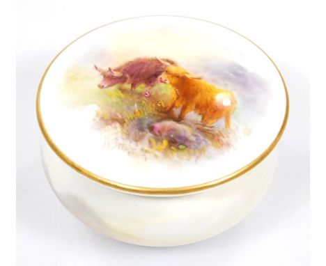 A Royal Worcester James Stinton puce marked box and cover, painted with Highland cattle, signed James Stinton, puce mark for 