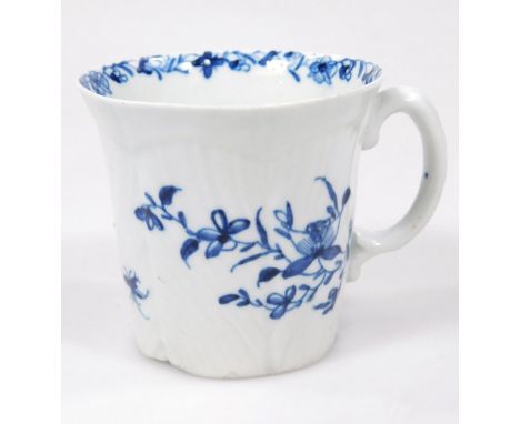 A early workman's marked Worcester blue and white tall chocolate cup, of herring bone moulded form with unusual handle painte