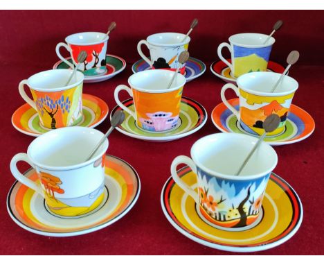 SET OF EIGHT WEDGWOOD CLARICE CLIFF LIMITED EDITION HANDPAINTED "CAFE NOIR" CERAMIC CUPS AND SAUCERS WITH COFFEE SPOONS ALL I