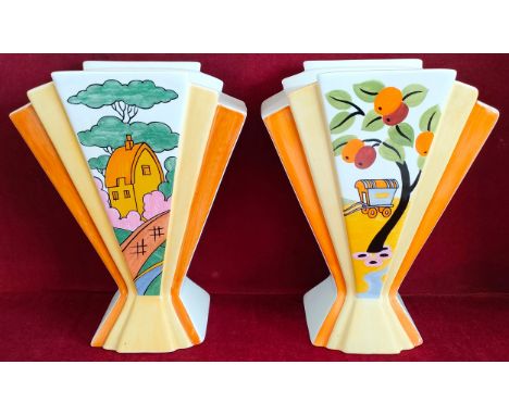 PAIR OF CLARICE CLIFF LIMITED EDITION HANDPAINTED SUNRAY VASES "CARAVAN" AND "ORANGE ROOF". BOTH APP. 21CM H BOTH IN REASONAB