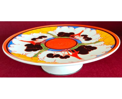 WEDGWOOD CLARICE CLIFF LIMITED EDITION HANDPAINTED  "DIVINELY DECO" CERAMIC CAKE STAND. APP. 8CM H X 28CM DIAMETER

REASONABL