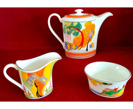 WEDGWOOD CLARICE CLIFF LIMITED EDITION HANDPAINTED "CONNOISSEUR COLLECTION" CERAMIC THREE PIECE TEASET COMPRISING OF COFFEE P