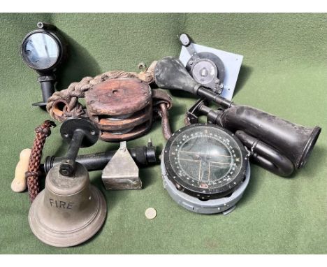 AN ACCUMULATION OF FIRE BELL, COMPASS, AVIATION COMPASS, KLAXON HORN AND HAND PUMP, ETC.

HORN BULB DEFECTIVE 