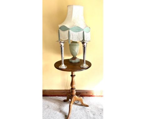 OAK TRIPOD TABLE, TABLE LAMP, PLUS TWO SILVER PLATED VASES