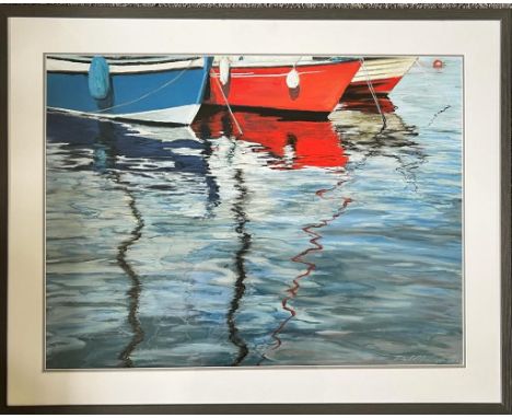 DAVID MADDRELL, WATERCOLOUR AND PASTEL, 'YACHTS AT BERTH', MANX ARTIST, SIGNED AND DATED 2000, FRAMED AND GLAZED, APPROX 58 x