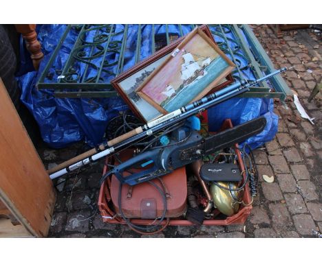 Box of assorted Bygones and a Einhell Chainsaw 