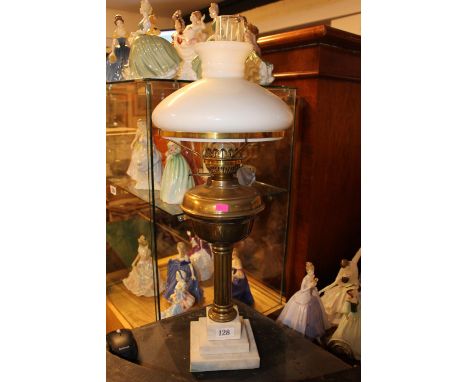 Victorian Oil Lamp with Brass reservoir mounted on white marble base 