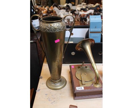Model of a Gramophone with Brass fittings and a Brass Vase with two handles 